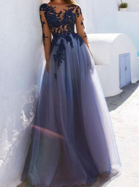 Long Sleeves See Through Open Back Tulle Long Prom Dress With Lace Appliques OP287