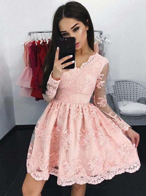 Lace Long Sleeves Pink Tulle Graduation Party Dress OP168