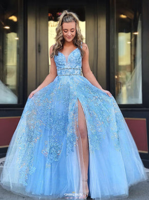 Light Blue Beaded Appliques Backless Prom Dress With Split OP527