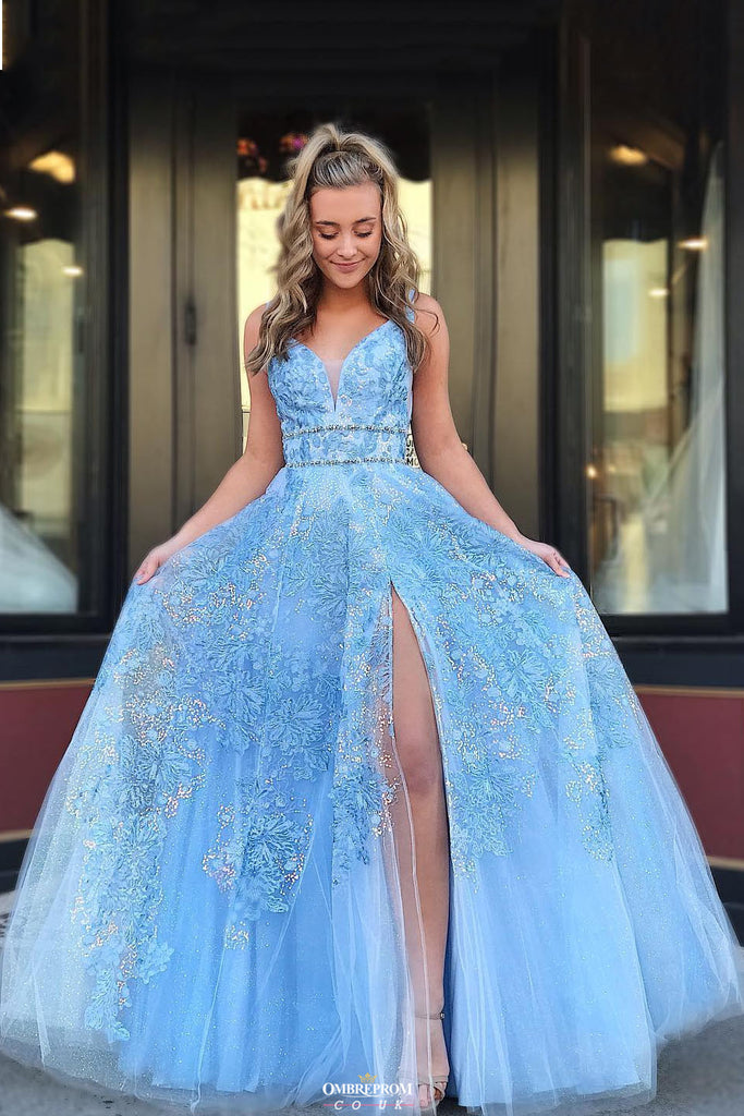 Buy Light Blue Beaded Appliques Prom Dresses With Slit, Backless Party Gown OP527 Buy Light Blue Beaded Appliques Prom Dresses With Slit, Backless Party Gown OP527