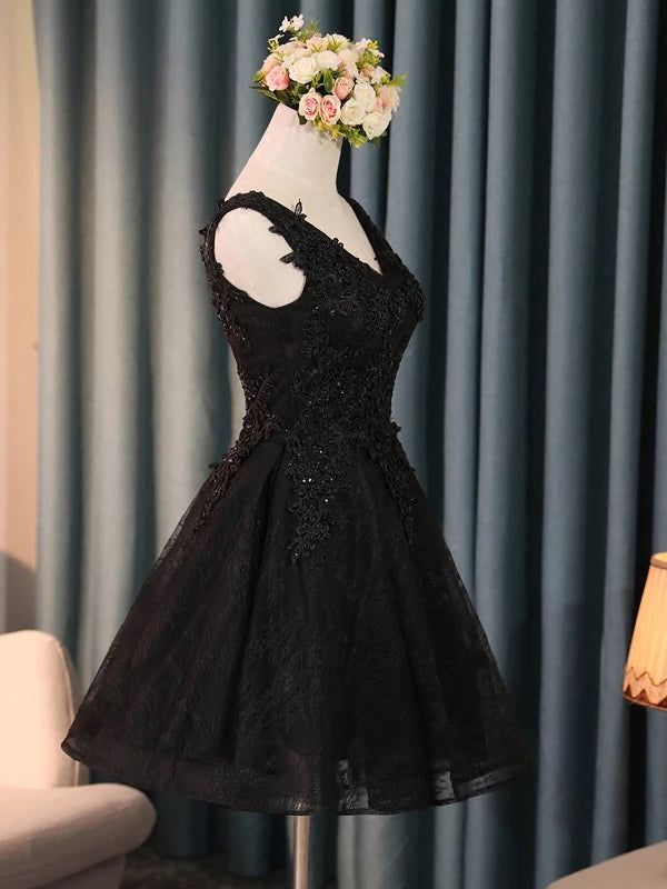 V-neck Little Black Homecoming Dress With Lace Up Back OM122