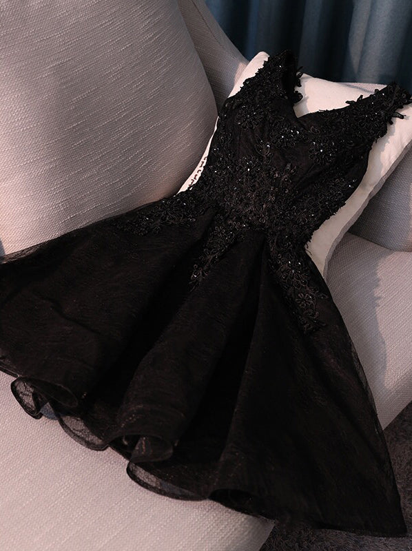 V-neck Little Black Homecoming Dress With Lace Up Back OM122