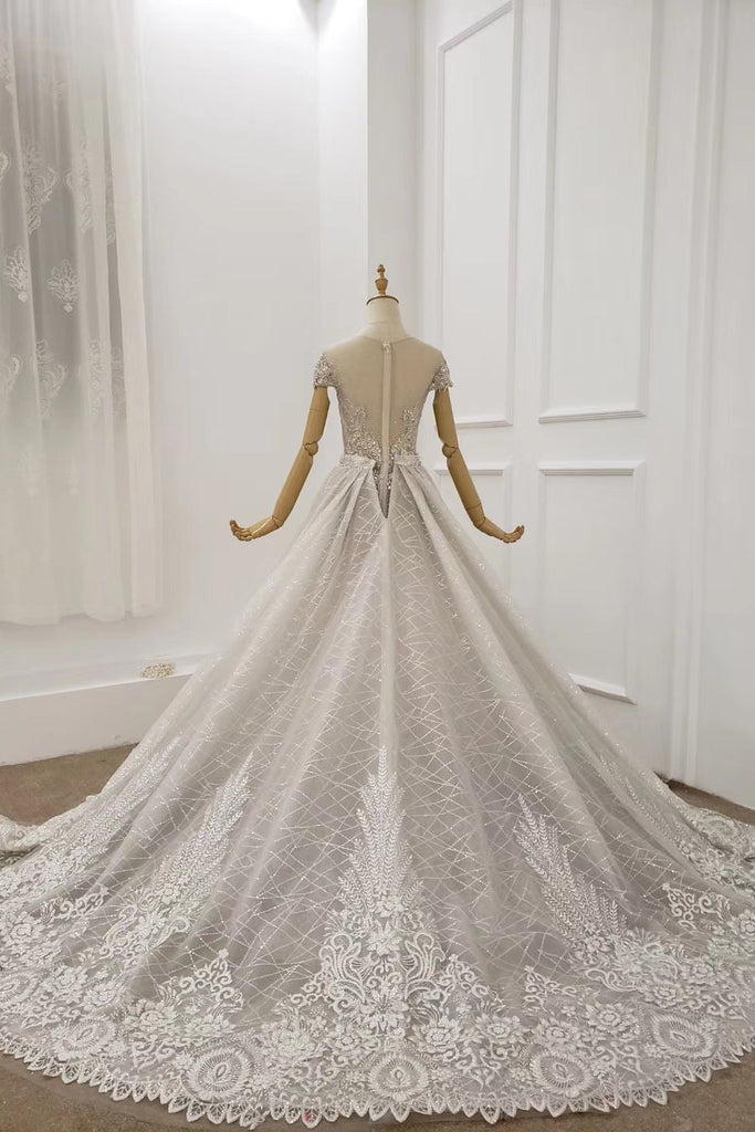 Cap Sleeves Sheer Neckline Beaded Formal Dresses With Detachable Train PO327