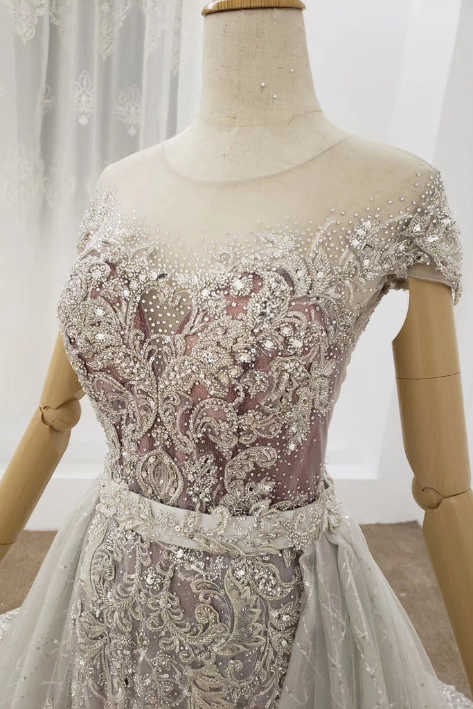 Cap Sleeves Sheer Neckline Beaded Formal Dresses With Detachable Train PO327