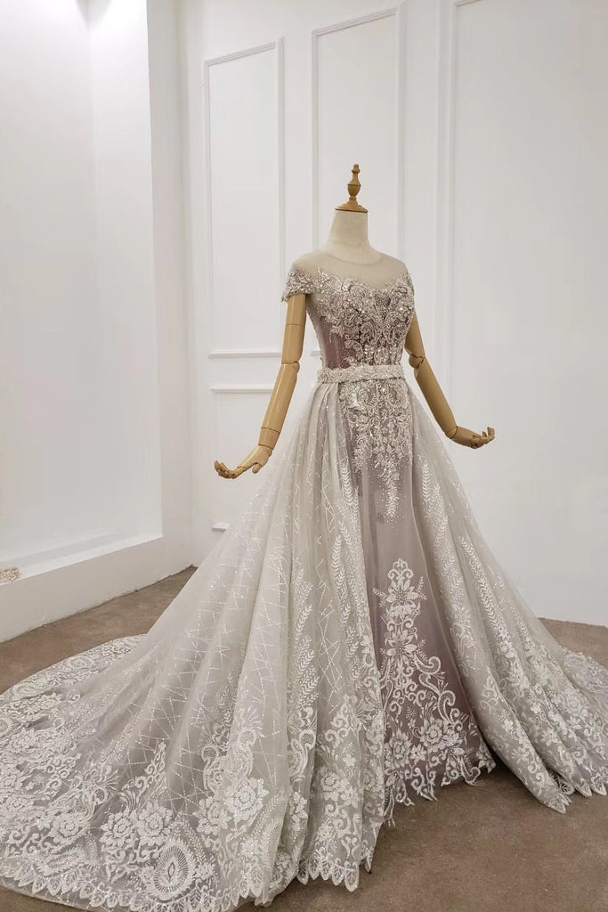 Cap Sleeves Sheer Neckline Beaded Formal Dresses With Detachable Train PO327