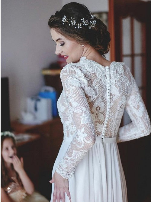 Modest A-Line V-Neck Long Sleeves Lace Chiffon Wedding Dress OW352