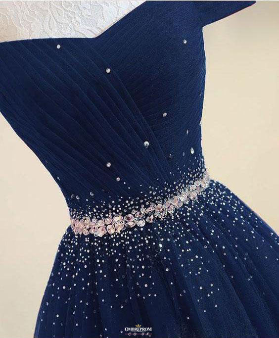 Modest Navy Blue Off-Shoulder A-Line Tulle Prom Formal Dress With Beading OP531