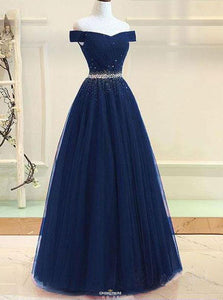 Modest Navy Blue Off-Shoulder A-Line Tulle Prom Formal Dress With Beading OP531