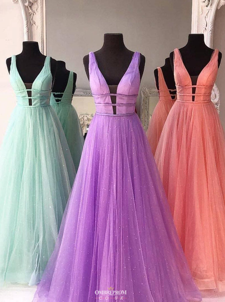 New Deep V-Neck Solid Tulle A-line Long Prom Dress With Beading OP547