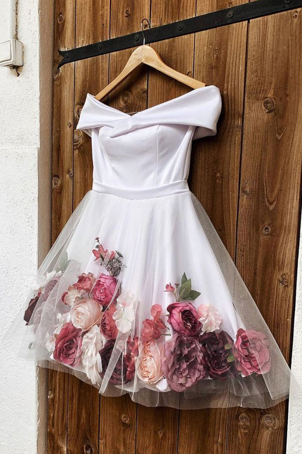 White Off Shoulder 3D Floral Short Prom Homecoming Dresses OM474