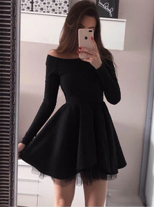 Long Sleeve Black Homecoming Dresses Off Shoulder Short Prom Dress OM484