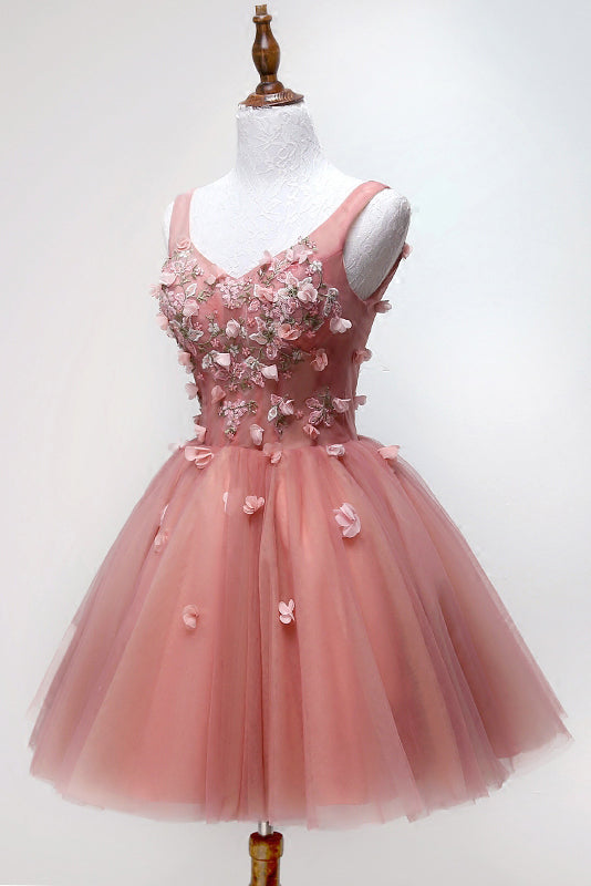Chic Floral Appliques Sweet 16 Dress, A-line V-neck Peach Homecoming Dress OM466