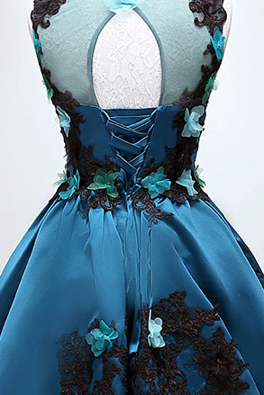 Round Neckline Satin Appliques Homecoming Dress, Dark Teal Party Dress OM467