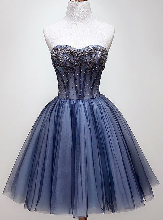 Sweetheart Beading Blue Homecoming Dress, Tulle Short Graduation Dress OM469