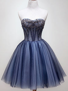 Sweetheart Beading Blue Homecoming Dress, Tulle Short Graduation Dress OM469