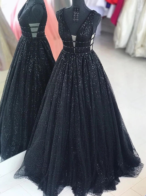 Sparkly Long A Line Black Prom Dresses, Cheap V-neck Sequins Party Dresses PO280