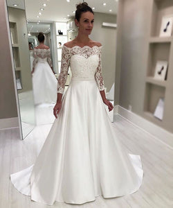 Cheap Sweetheart Lace 3/4 Sleeves Satin Wedding Dress OM905