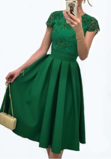 A-Line Scoop Cap Sleeve Satin Green Cocktail Party Dress With V-Back OP205