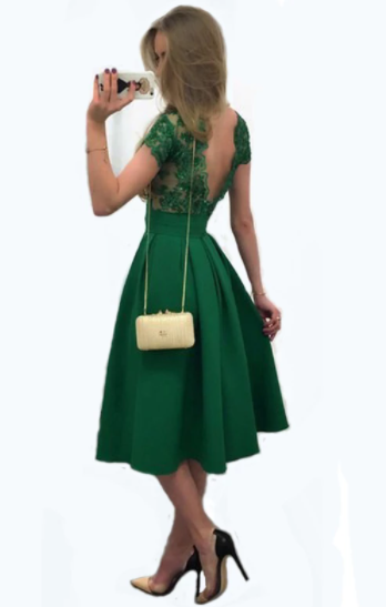 A-Line Scoop Cap Sleeve Satin Green Cocktail Party Dress With V-Back O A-Line Scoop Cap Sleeve Satin Green Cocktail Party Dress With V-Back O