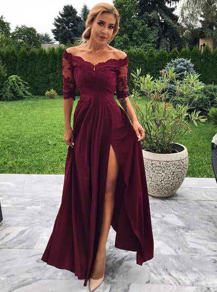 Buy Off-Shoulder Burgundy Prom Dress Half Sleeves A-line Party Gown With Slit OP599 Buy Off-Shoulder Burgundy Prom Dress Half Sleeves A-line Party Gown With Slit OP599