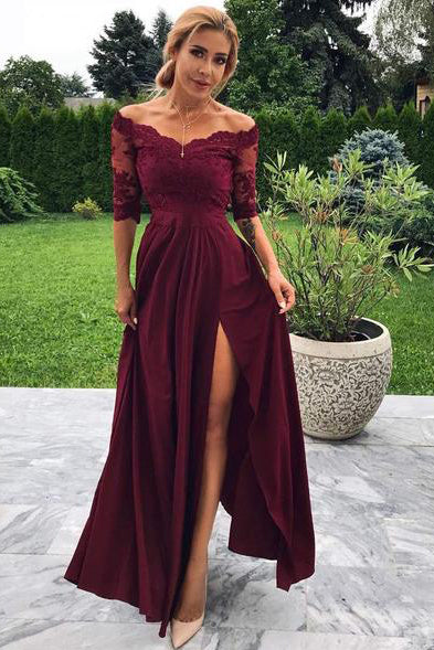 Off-Shoulder Burgundy Prom Dress Half Sleeves A-line Party Gown With Slit OP599