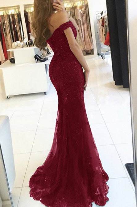 Mermaid Off-the-Shoulder Tulle Beaded Burgundy Prom Evening Dress OP402
