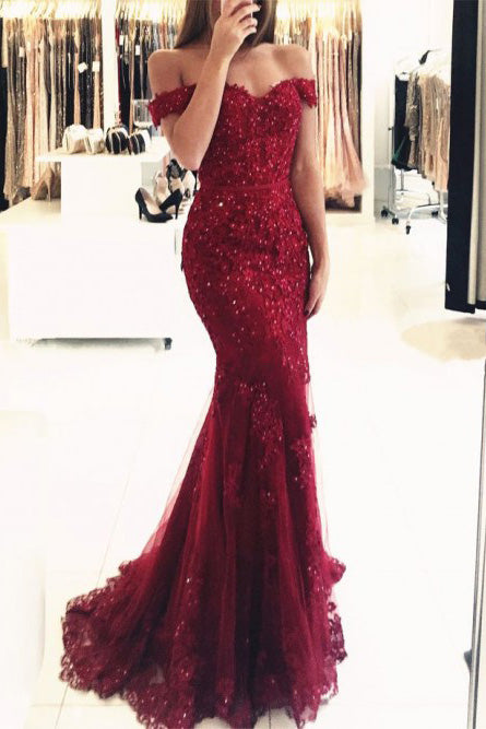 Mermaid Off-the-Shoulder Tulle Beaded Burgundy Prom Evening Dress OP402