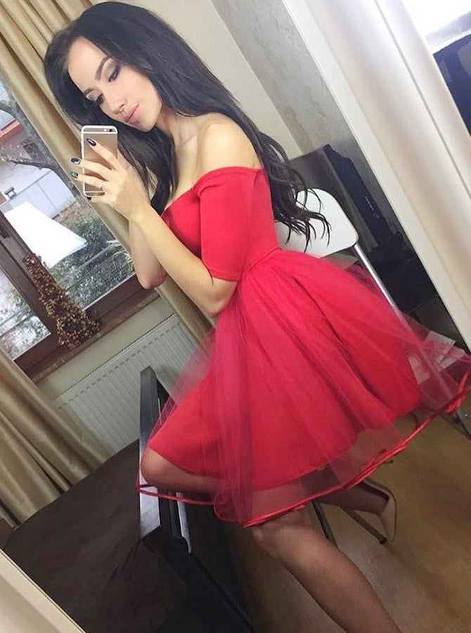 Elegant Off-the-Shoulder Short Tulle Red Homecoming Party Dress OP196