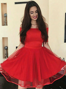 Elegant Off-the-Shoulder Short Tulle Red Homecoming Party Dress OP196
