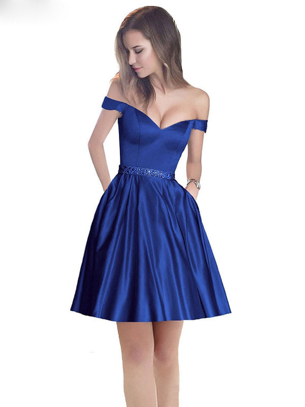Off The Shoulder Beaded Satin Short Prom Dress With Pocket Homecoming Off The Shoulder Beaded Satin Short Prom Dress With Pocket Homecoming