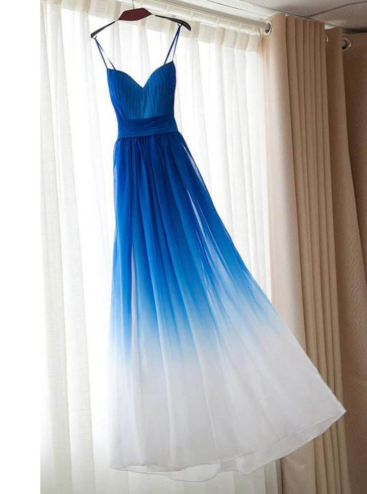 A Line Ombre Blue Spaghetti Straps Bridesmaid Dresses Long Prom Dress OB126