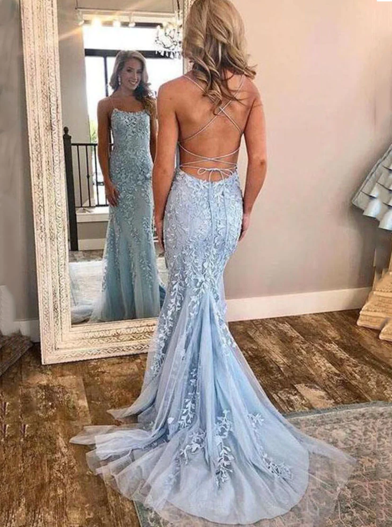 Shop Mermaid Backless Prom Dress Lace Spaghetti Straps Evening Gown Shop Mermaid Backless Prom Dress Lace Spaghetti Straps Evening Gown