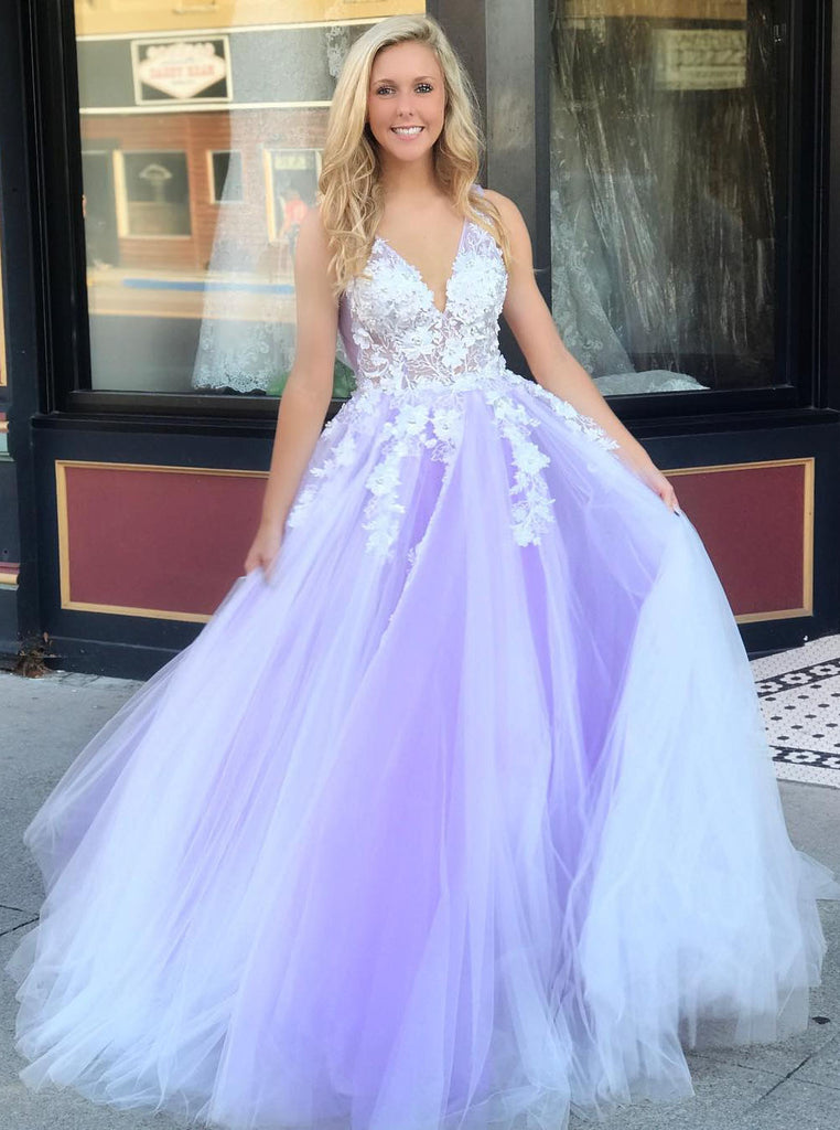 princess prom dresses uk A-line Princess Tulle Prom Dress V Neck Floor-Length with Appliqued Ruffles Sequins S8383P - Prom Dresses