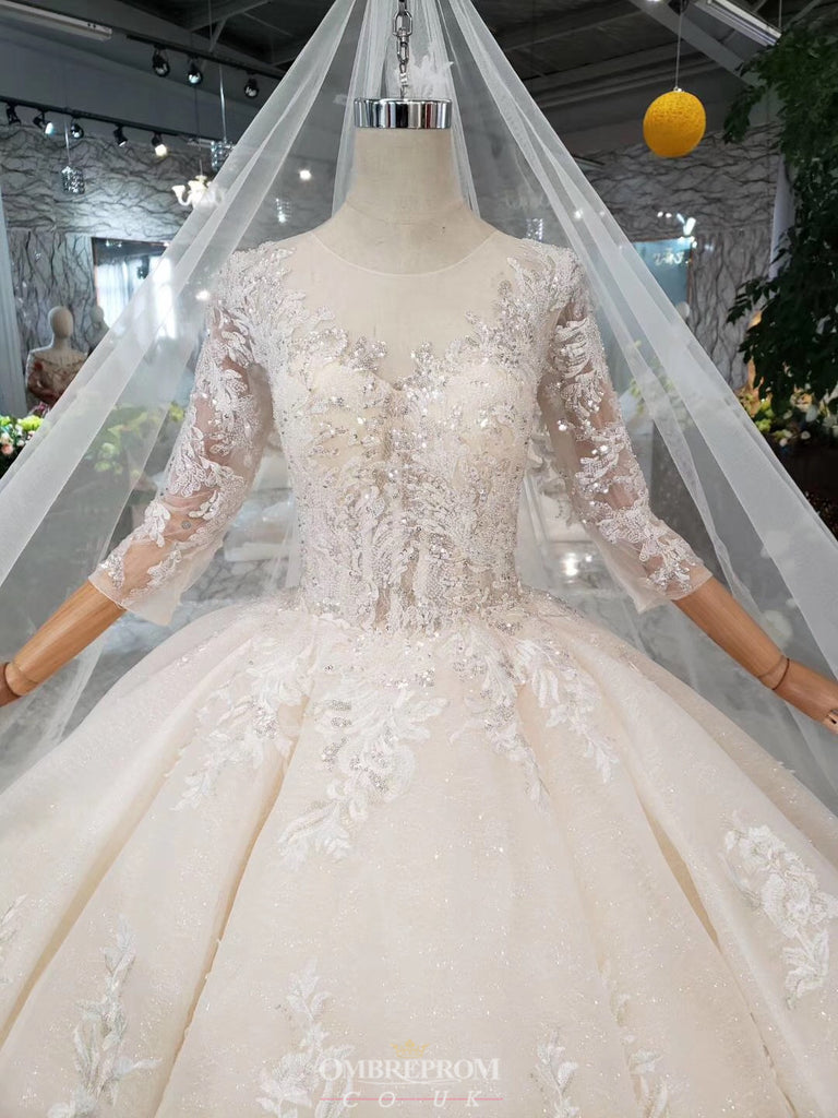 Princess Sheer Neckline Appliques Wedding Dress With 3/4 Sleeves OW409