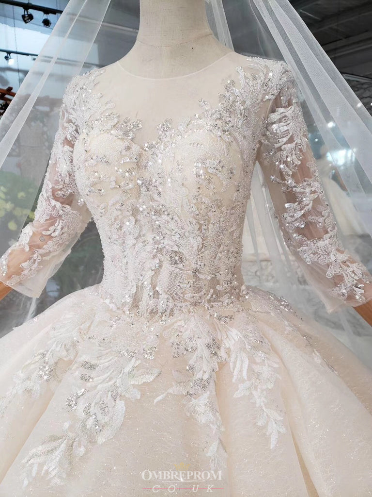 Princess Sheer Neckline Appliques Wedding Dress With 3/4 Sleeves OW409