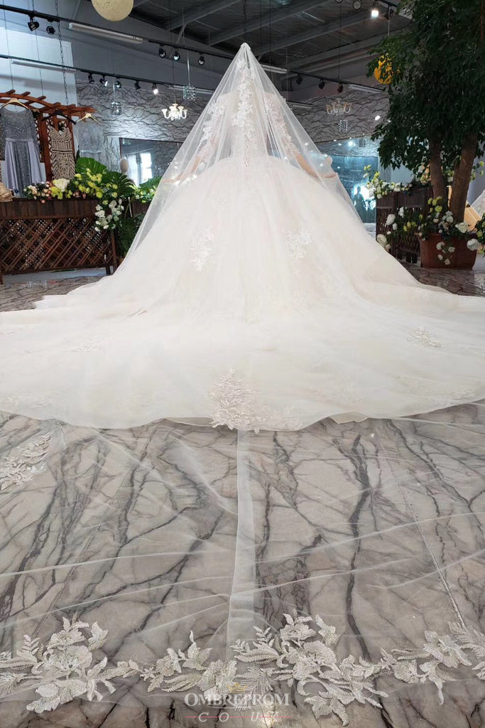 Princess Sheer Neckline Appliques Wedding Dress With 3/4 Sleeves OW409