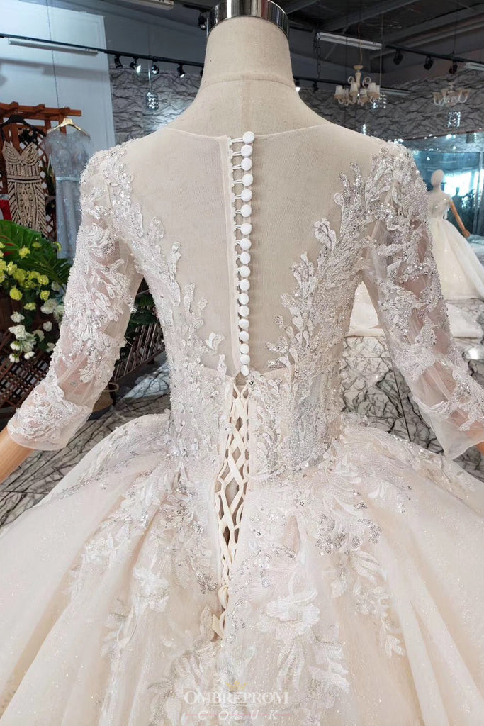 Princess Sheer Neckline Appliques Wedding Dress With 3/4 Sleeves OW409