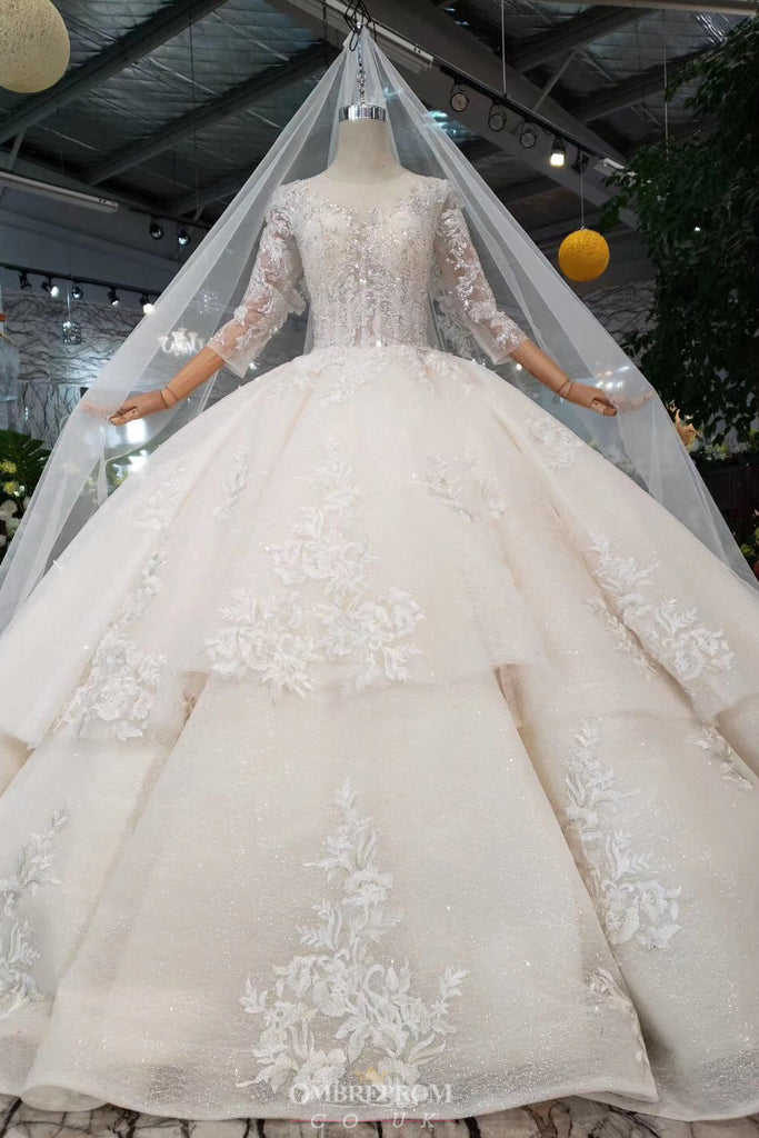 Princess Sheer Neckline Appliques Wedding Dress With 3/4 Sleeves OW409