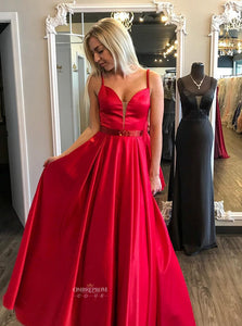 Red A-line Satin V-neck Long Prom Party Dresses With Beaded OP499