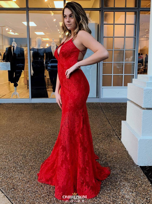 Mermaid Red V-Neck Spaghetti Backless Long Prom Dress Evening Dress