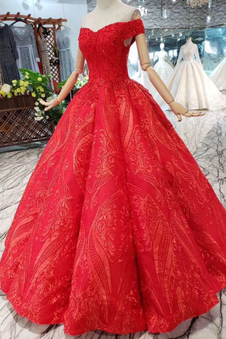 Red Ball Gown Off The Shoulder Appliques Beads Quinceanera Dress OP644