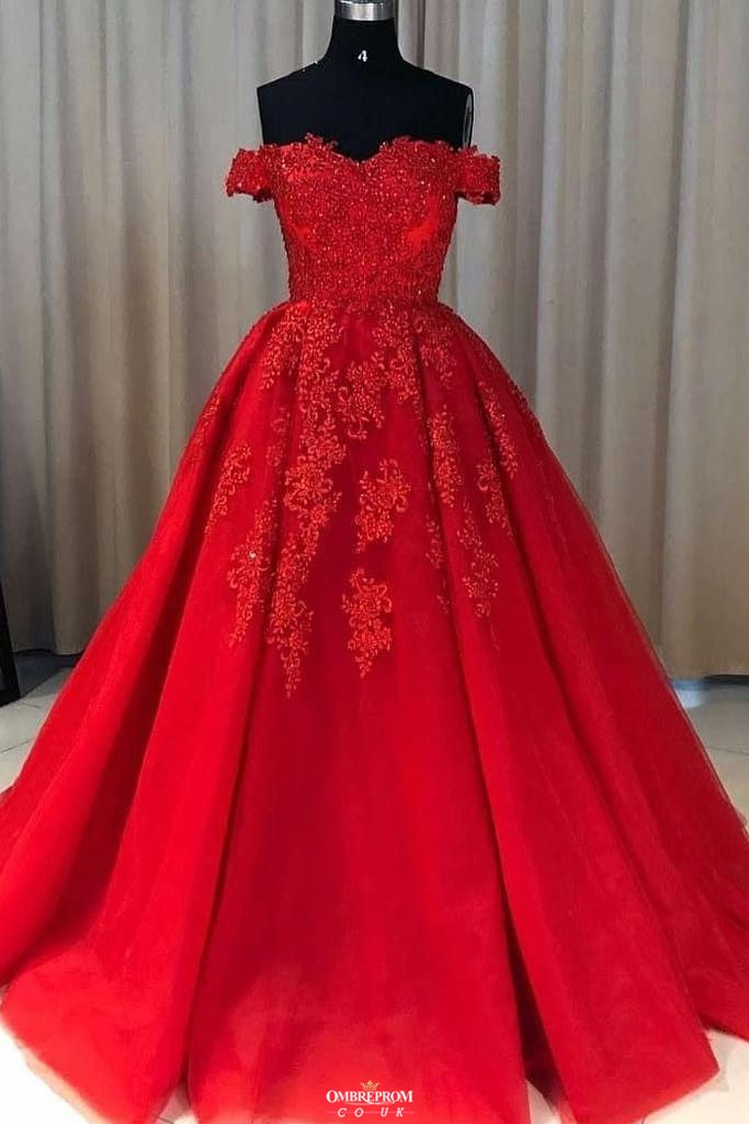 Red Ball Gown Tulle Off-the-shoulder Lace Appliques Long Prom Dress OP532