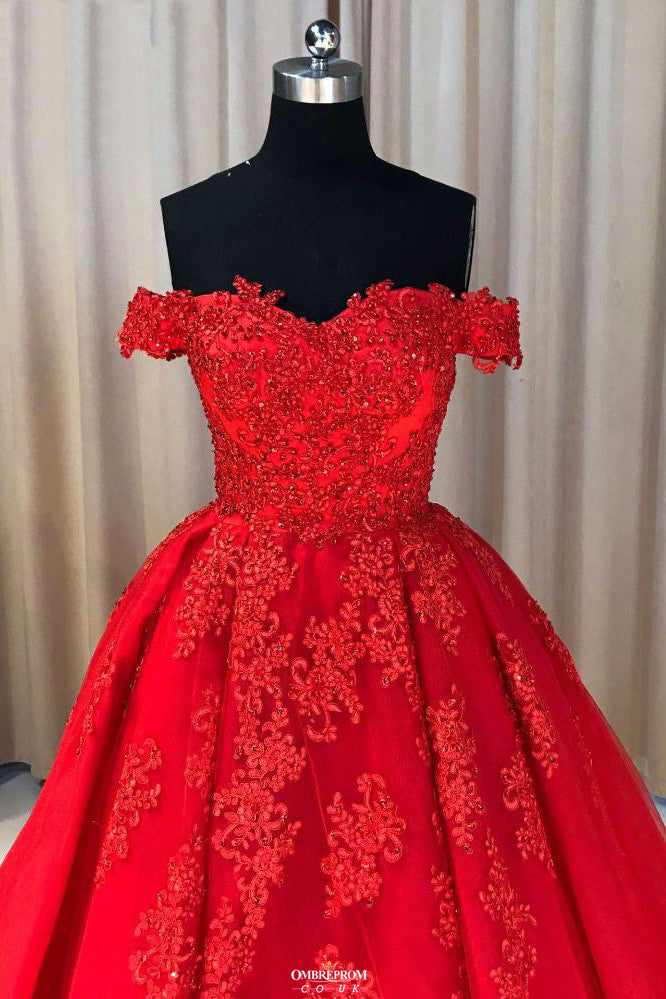 Red Ball Gown Tulle Off-the-shoulder Lace Appliques Long Prom Dress OP532