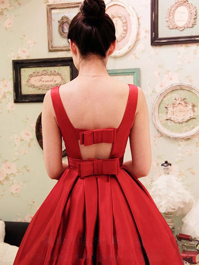 Red Bateau A-line Open Back Bowknot Homecoming Holiday Dress OP192