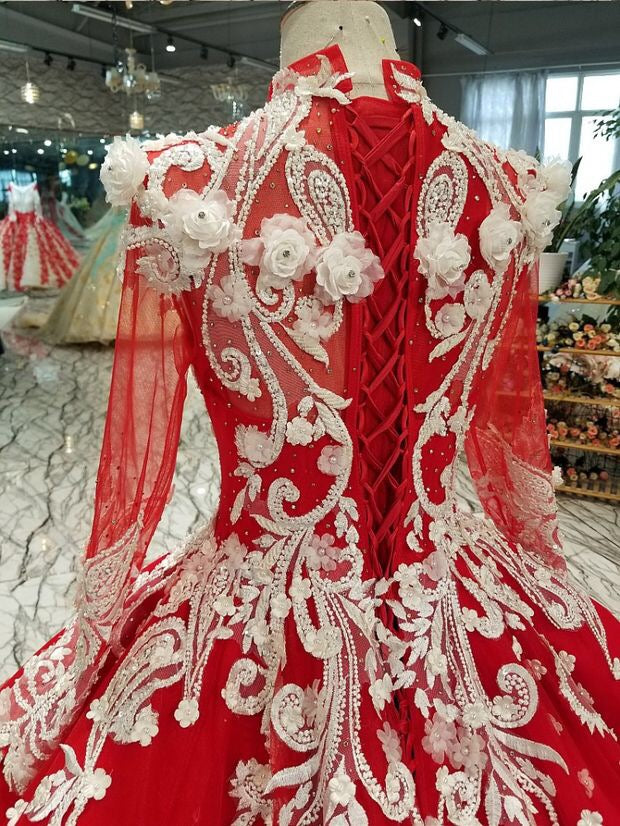 Red Quinceanera Dress Ball Gown Long Sleeves Applique Prom Dress OP437 Red Quinceanera Dress Ball Gown Long Sleeves Applique Prom Dress OP437