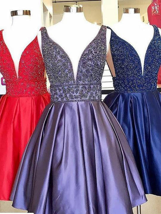 Royal Blue Plunging Neck Beaded Short Prom Dresses, Formal Dresses UK
