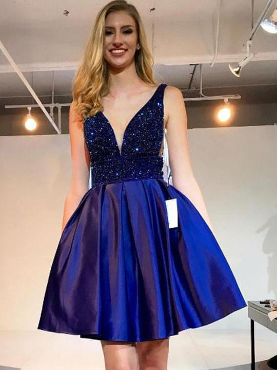 Royal Blue Plunging Neck Beaded Short Prom Dress Formal Dress UK OM103