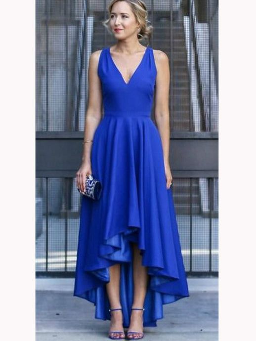 Royal Blue Straps High Low Prom Dress Asymmetry Wedding Guest Dress OP213