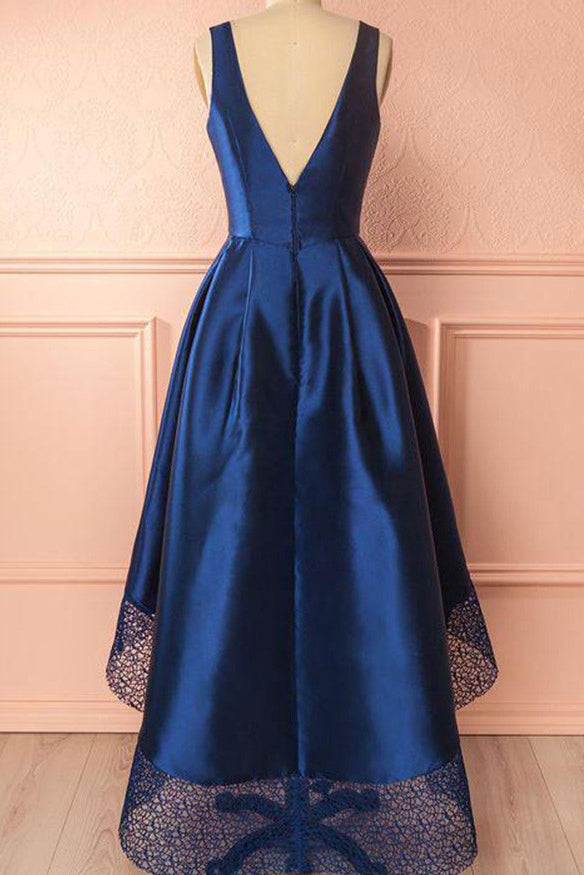 Royal Blue High Low Prom Dress Deep V-Neck With Lace Hem OP695