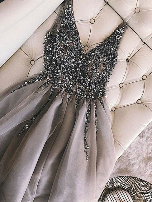 Sequins Beaded V-neck Tulle Short Prom Dress Party Dress OP203